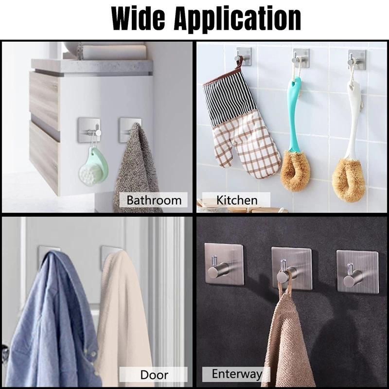 

Stainless Steel Adhesive Hooks Heavy Duty Self Adhesive Stick-On Wall Hook Waterproof Widely Use In Kitchen Living Room