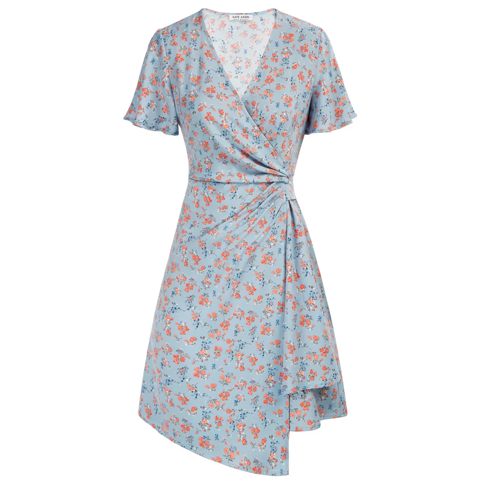 

KK Women Dresses Floral Printed Summer Holiday Cross Surplice V-Neck Dress Fashion Short Flounce Sleeve Sweetwear A-Line Dress