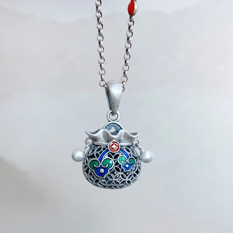 

S990 Real Silver Enamel Colorful Flower Money Bag Pendant Chinese Style Handmade Hollow Retro Luck Bag Pendant Jewelry for Women