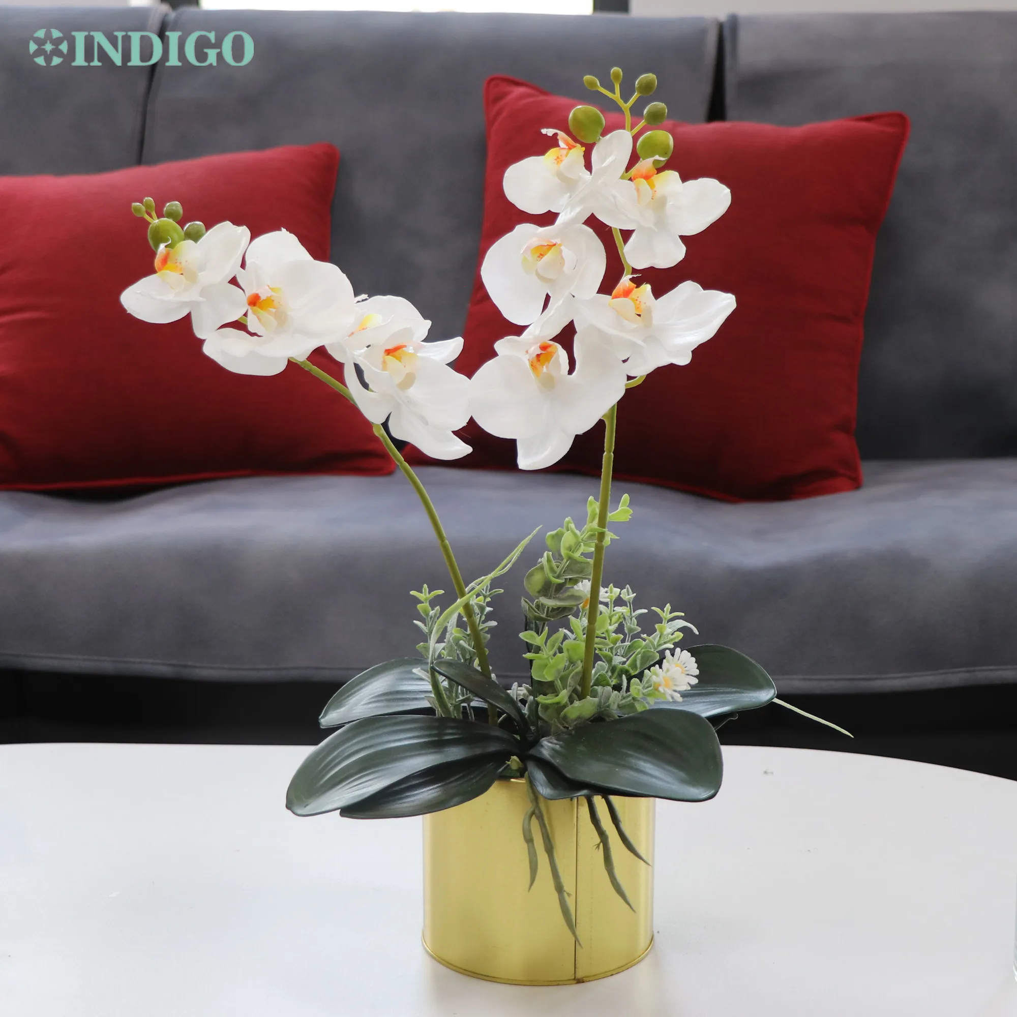 

White Phalaenopsis (1 Set With Vase) Flower Arrangment (2PCS Orchid+ Leaves+Pot) Butterfly Flower Decoration Centerpiece -INDIGO
