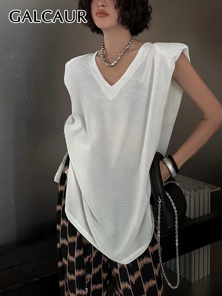 

GALCAUR Summer Pullover T Shirts For Women V Neck Sleeveless Off Shoulder Loose Solid Folds Casual Korean T Shirt Female 2023