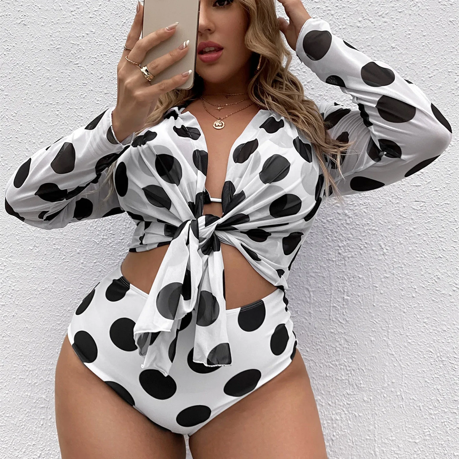 

Women Push Up Padded Bikini Swimsuit Training Athletic Swimwear Sport Shirred Dot Three-piece Set Tummy Control Bathing Suits