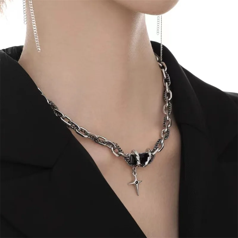 

Titanium Steel Necklace Punk Black Decoration Women Jewelry White Stone Cross Stitching Lock Bone Chain Custom Cool Friends Gift