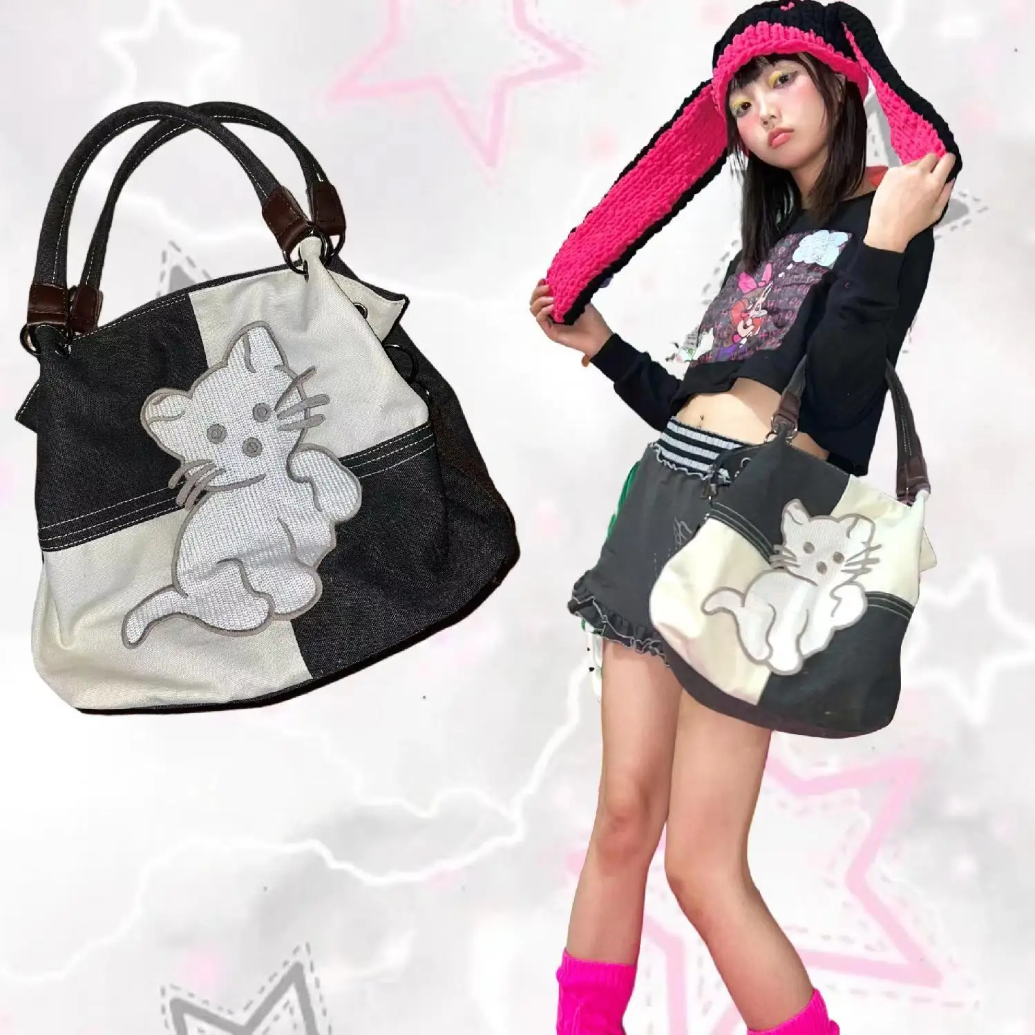 

Y2k Cat Shoulder Bag for Girl Designer Cute Tote Bag Large Capacity Women Patchwork Handbag Animal Print Student Shool Bag Book