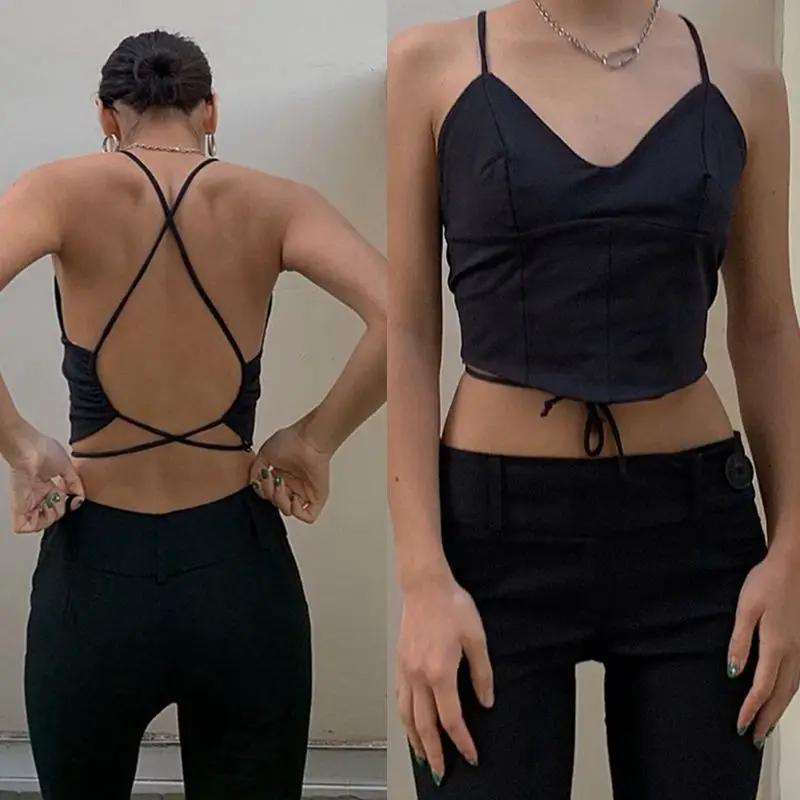 

European American Style V-neck Straps Large Open-back Camisole Women's Summer Solid Color Simple Umbilical T-shirt