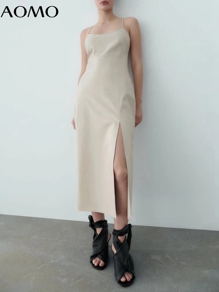 

Женское платье средней длины AOMO, однотонное платье из искусственной кожи на бретельках, без рукавов, с молнией сзади, модель 2022 года, модные ...