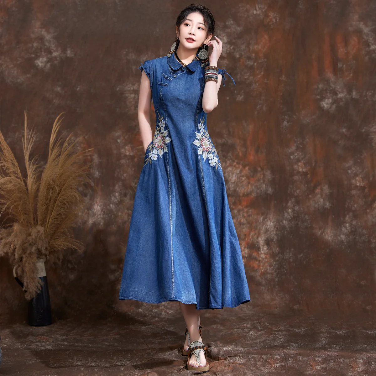 

Летние Новые платья, элегантное облегающее джинсовое платье, длинное платье на пуговицах ручной работы в этническом стиле, женская одежда, бесплатная доставка LH82579