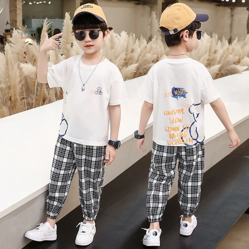 

Cute Cartoon Bear Boy Kids Cotton Short Sleeve T-shirt Suit Long Plaid Trousers Two Pcs Set Summer Baby Children Wearing Clothes