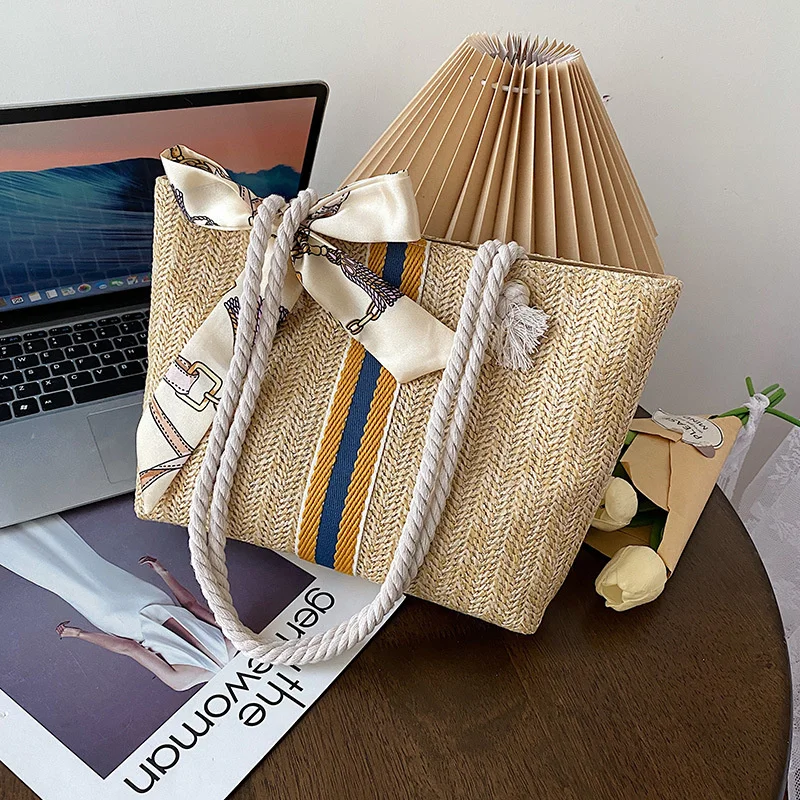 

Large Capacity Simple Straw Bag New Fashion Woven Women's Tote Shoulder Bag Trendy Striped Buckle Handbags for Women 2023 Summer