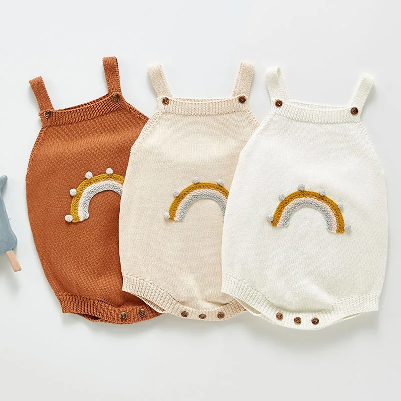 

Демисезонный трикотажный комбинезон для новорожденных мальчиков и девочек, трикотажный комбинезон без рукавов с радужной вышивкой ручной ...