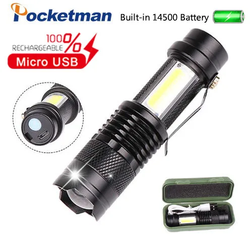 

SK68 COB Rechargable Mini Torch Q5 Portable Waterproof LED Flashlight Zoom Torch Penlight Built in14500 Battery Light Lantern