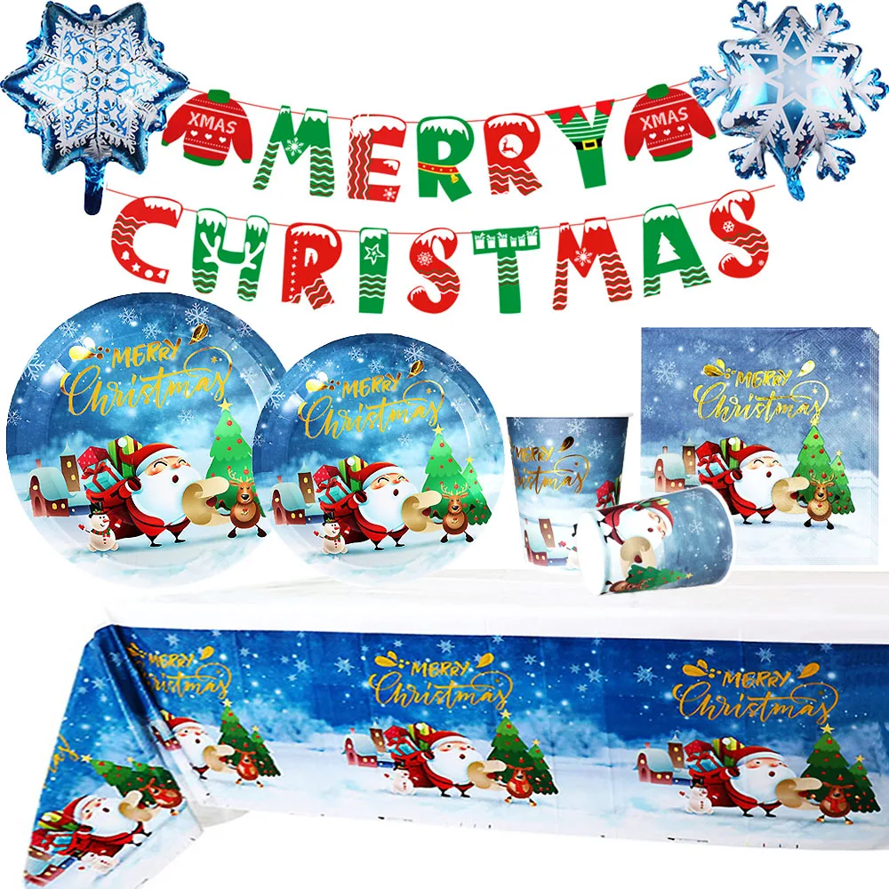

Merry Christmas Blue Theme Party Disposable Tableware Set Santa Claus Paper Plate Cups Napkin For Home Noel Navida New Year 2023