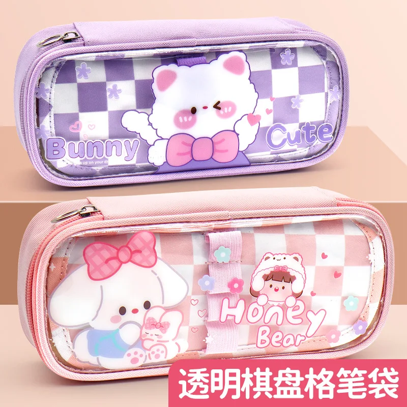 

Прозрачный пенал в розовую клетку с кошкой, чехлы для ручек для студенток, школьные принадлежности для девочек, канцелярские принадлежности, органайзер, Подарочный чехол, ластик
