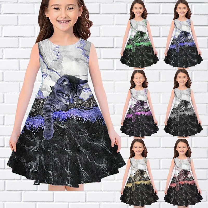 

2022 Fashion Cat Print Dress Summer Sleeveless Lovely Party Dress Little Girl Everyday Fashion Loose Hem Dress Princess Dress