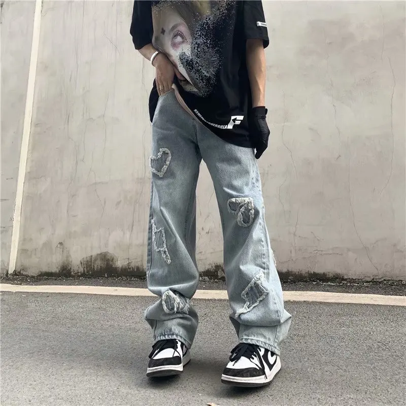 INS American High Street Love Embroidery Retro Vibe Fringed Jeans For Men And Women Straight Oversize Casual Loose Hip-hop Jeans