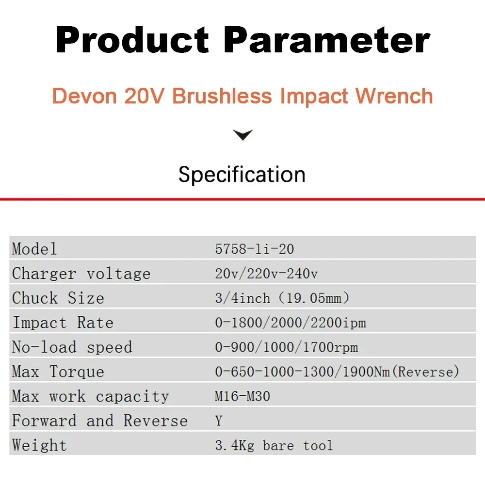 Devon Heavy Duty 5758 Cordless Impact Wrench Brushless 20v Max 1900Nm Torque Adjustable 1700rpm 2200ipm Universal Flex Battery