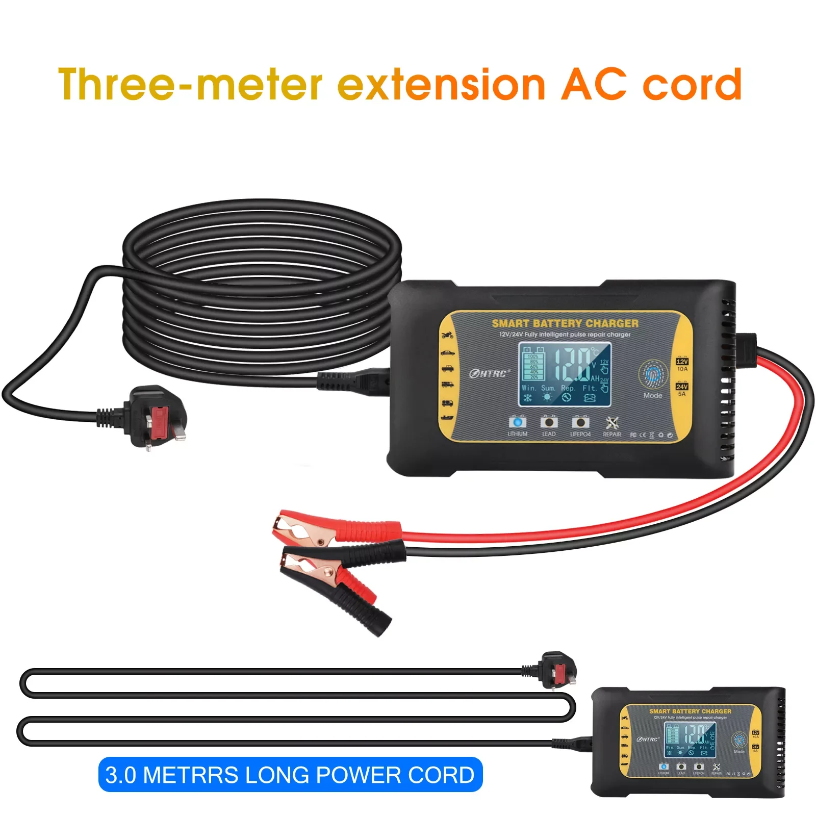 

2023HTRC 10A 12V/24V Car Battery Charger For Lithium LiFePO4 AGM GEL Lead-Acid Battery 7-Stage Automatic Charging Motorcycle Cha