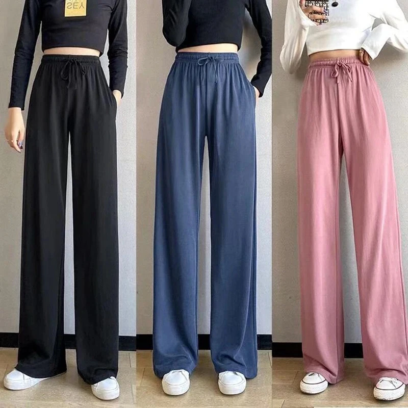 

2023 Fashion New Ladies Ice Silk Light Wide Leg Pants Girl Pure Color High Waist Loose Wild Straight Casual Pants Sports Pants
