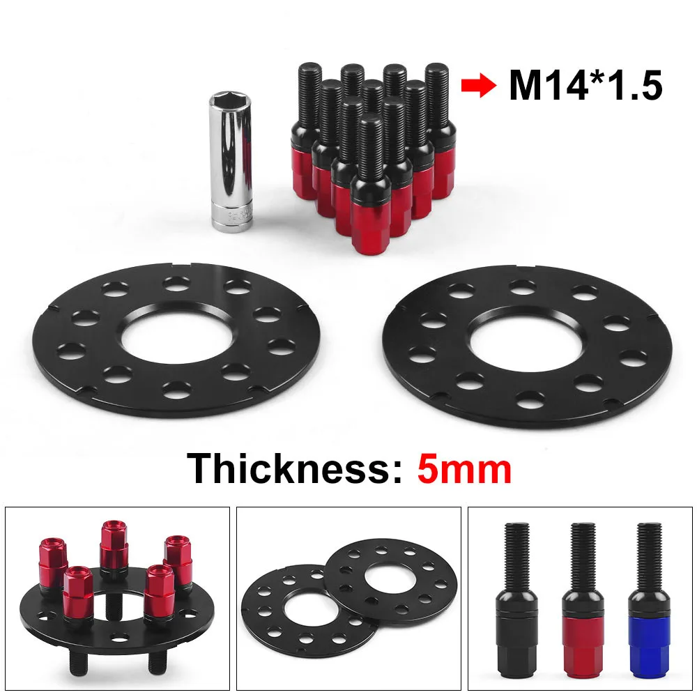 

For VW For Audi Car 5MM Red Blue Black Wheel Spacer Adapters PCD 5x100 5x112 CB 57.1MM and M14*1.5 BALL BOLTS