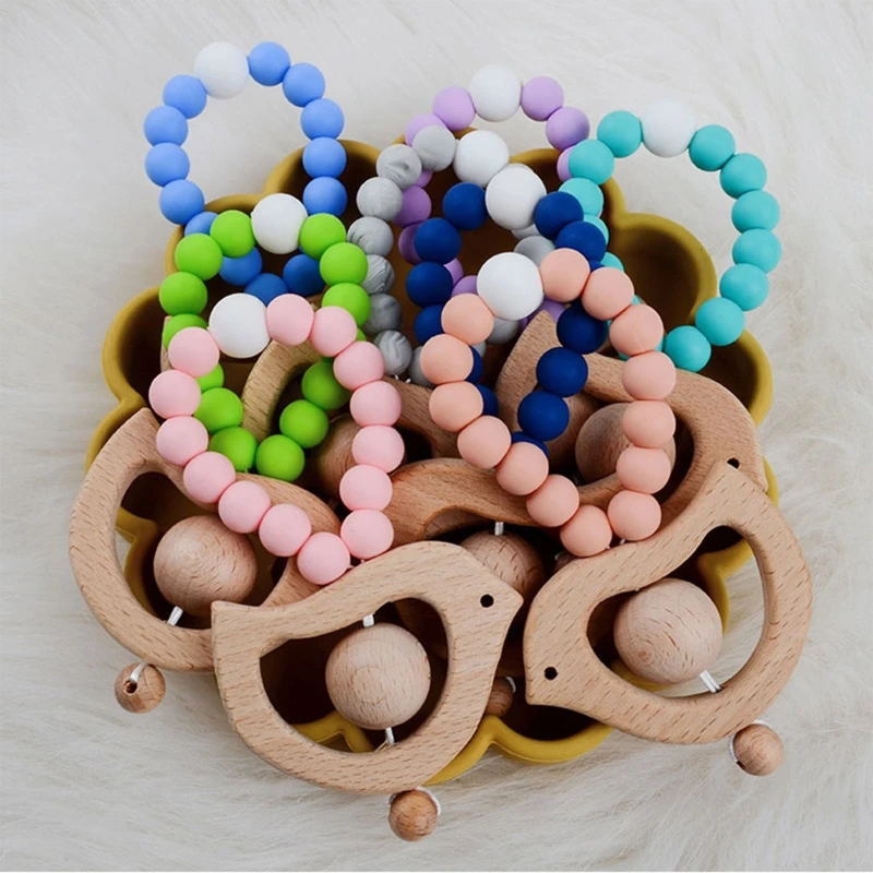 

1pc Baby Teether Silicone Bracelet BPA Free Cute Birds Animal Pendant Wood Ring Teething Toys for Toddlers Newborn QX2D