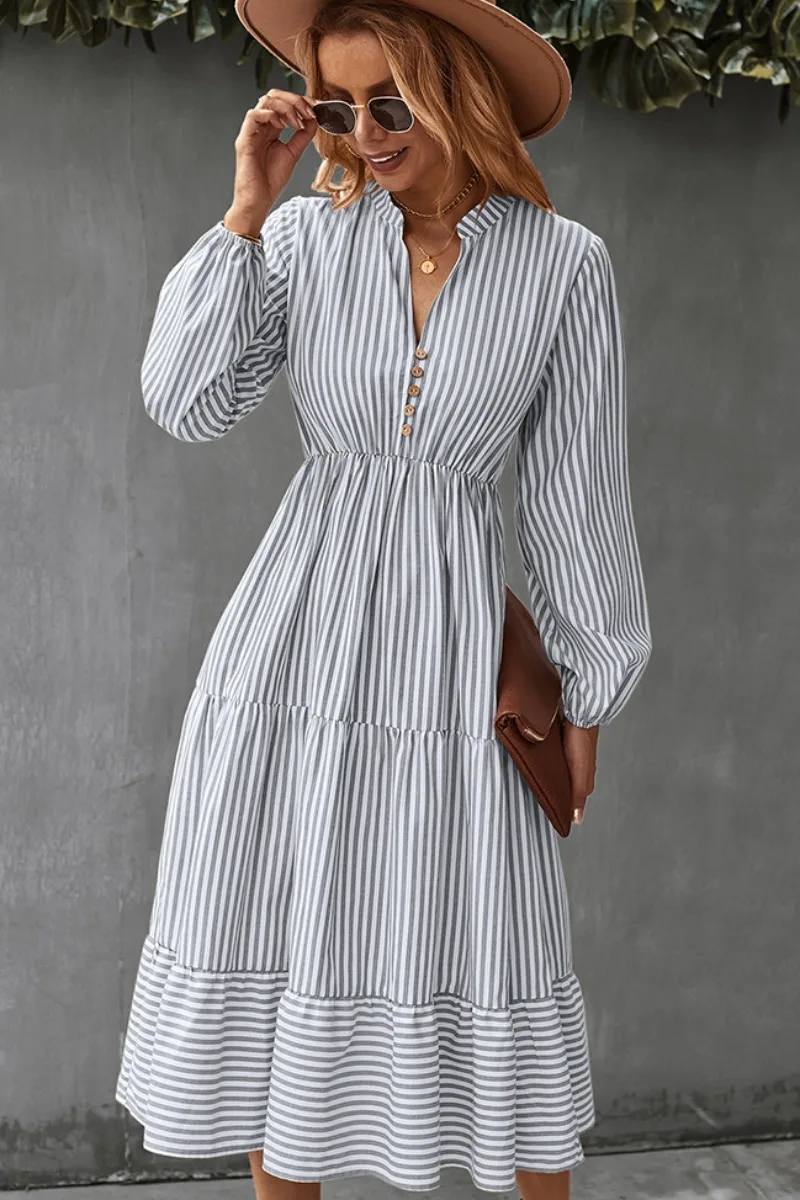 Popvil Button Design Striped A Line Dress