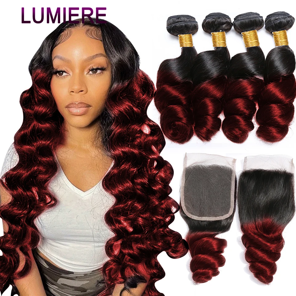 

1B/99J Colored Loose Wave Bundles with Closure Frontal 5x5 6x6 HD Peruvian Ombre Hair Weave Bundle With Transparent Lace Closure