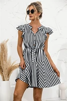 women elegant striped lantern sleeve summer dress causal v neck button ruffles midi dress 2022 women beach holiday party dress