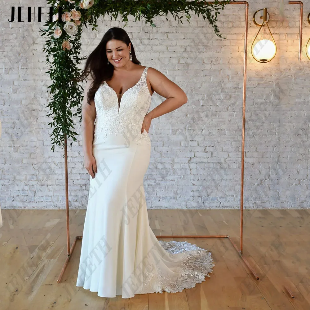 

JEHETH Modern Mermaid Wedding Dresses Plus Size For Woman Sleeveless V-Neck Backless Bride Gowns Applique vestidos de boda 2023