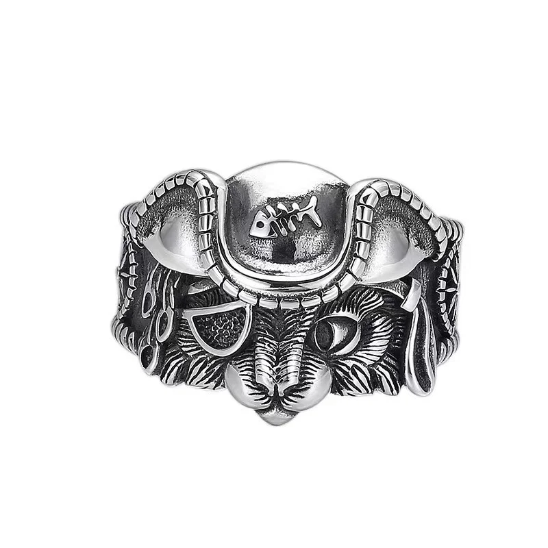 Pirate Feral cat opening ring male taiyin trendsetter retro one eyed cat exaggerated food ring