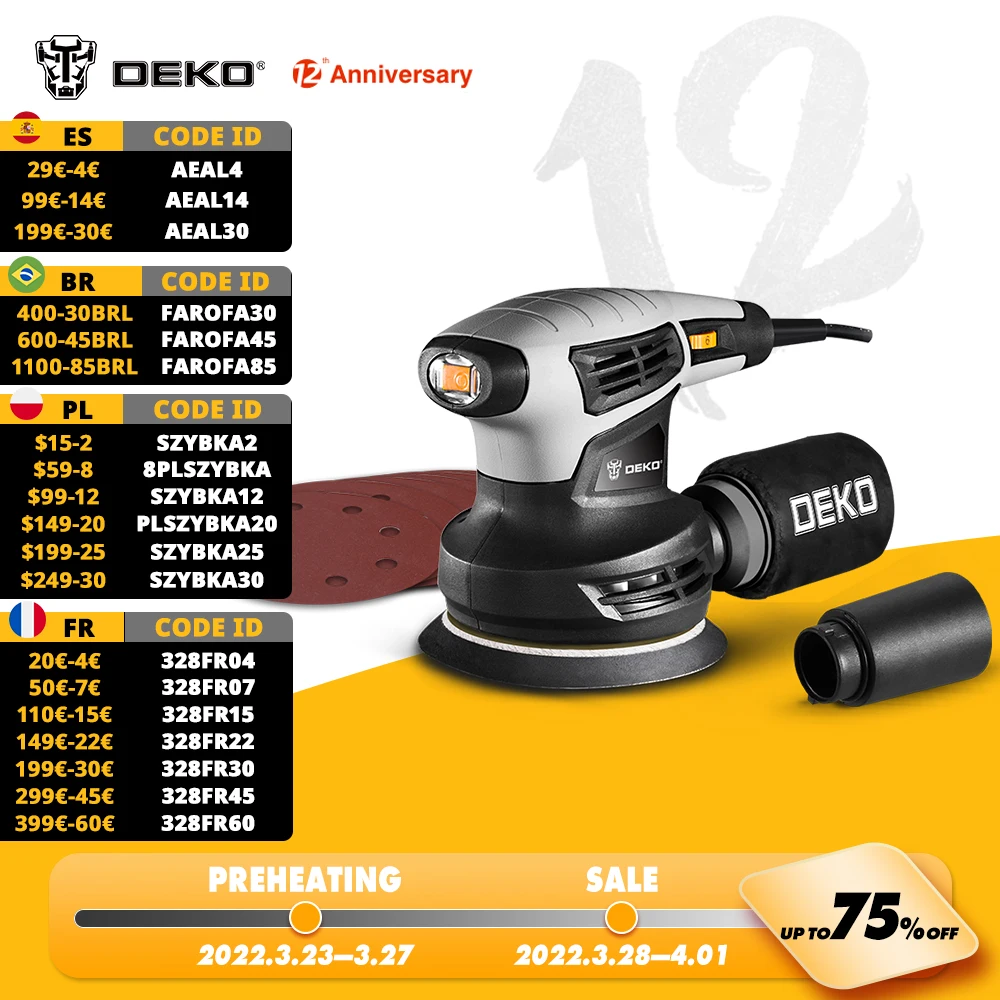 

DEKO DKSD28Q1, 280 Вт, случайный выбор орбитальная шлифовальная машина, с 16 листами наждачной бумаги, выхлопом пыли и гибридной канистрой для пыли