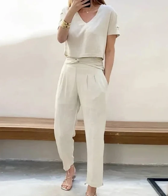 

Fashion Casual Trousers Suit 2023 Simple Solid Color V-Neck Short-Sleeved Tops and High Waist Versatile Straight Pants Suit