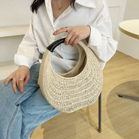 half moon round handle beach straw bags for women summer travel woven woman handbags handmade rattan shopper women shoulder bags