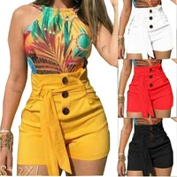 women high waist shorts 2022 summer fashion new womens wear button solid color lace up wide leg shorts
