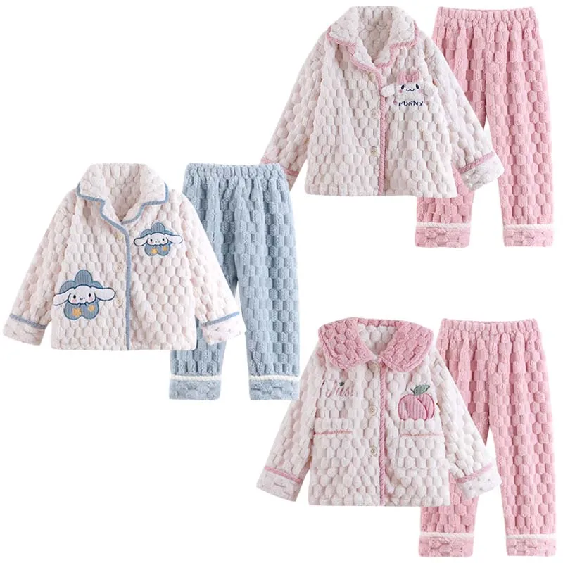 

Sanrios Cinnamoroll Anime Cartoon Autumn Winter Girls Home Clothes Pajamas Cute Soft Children Coral Velvet Warm Sleepwear Suit