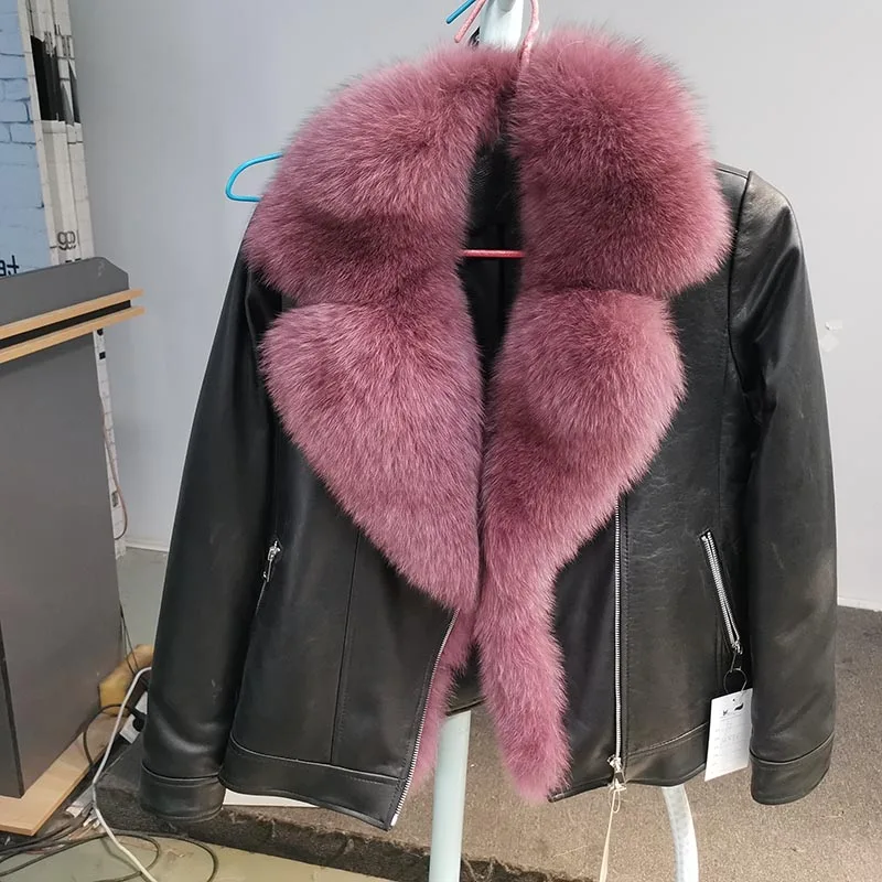 Natural Fox Fur Genuine Sheep Leather Jacket Women Winter 2022 New Fashion Streetwear Lady Slim Warm Real Fox Fur Coat Female
