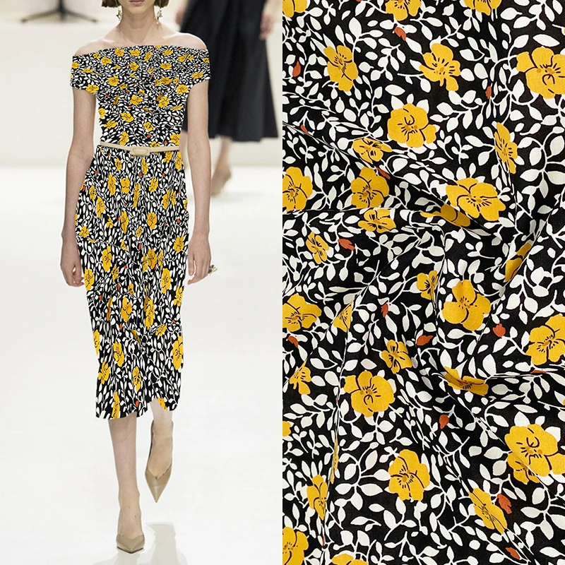 

Хлопчатобумажная ткань с желтыми цветами и белыми листьями, ширина 57 дюймов, для свадебного платья, Ципао, шарфа, рукоделия