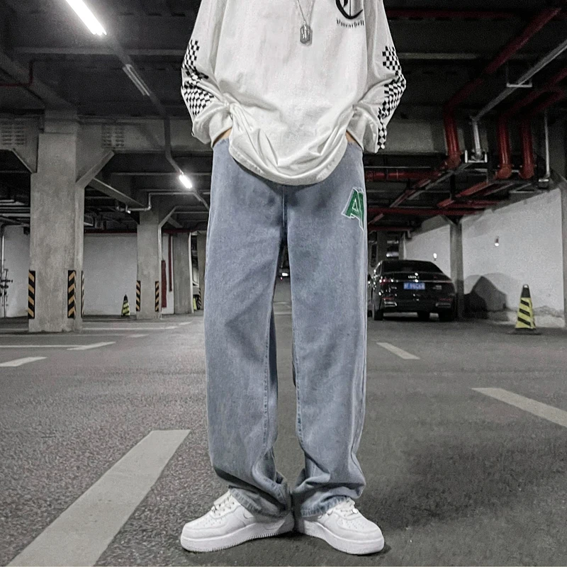 Men's Jeans Loose Embroidered Design Solid Color Men and Women's Hip Hop y2k Pants Streetwear High Quality Workwear Jeans Casual