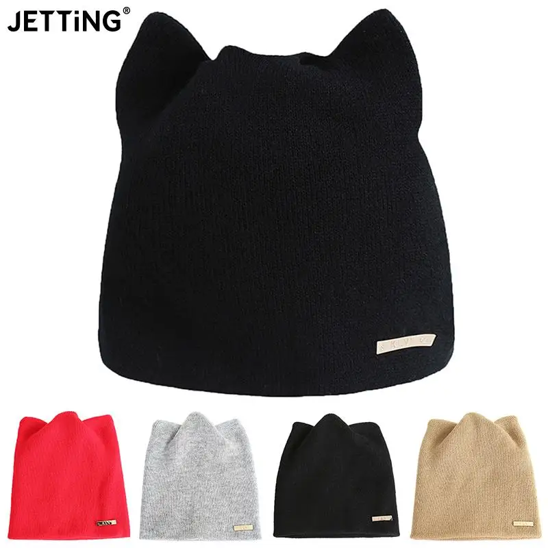 

Женские облегающие шапки с кошачьими ушками, Женская тёплая однотонная вязаная шапка для девочек, модные повседневные облегающие шапки с у...