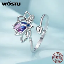 WOSTU 925 Sterling Silver Lotus Flower Ring With Purple Glass For Women Wedding Party Daily Gift Adjustable Fine Jewellery