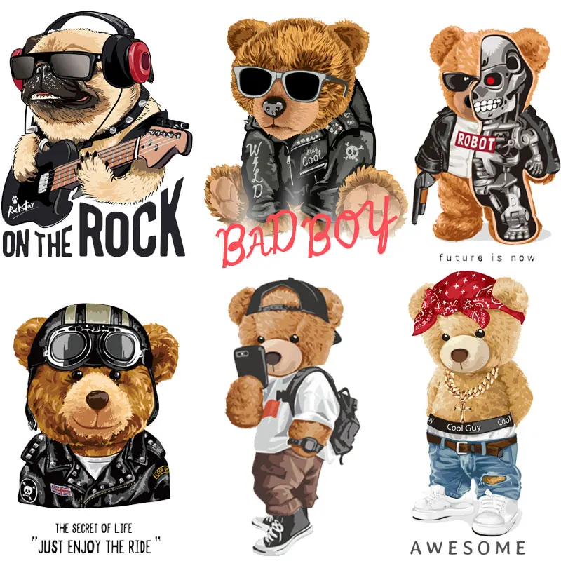 

Oeteldonk Rock Bear Patch Stripes Hippie Iron on Patches Appliques Cartoon Animals Thermo Stickers on Clothes Heat Transfers Top