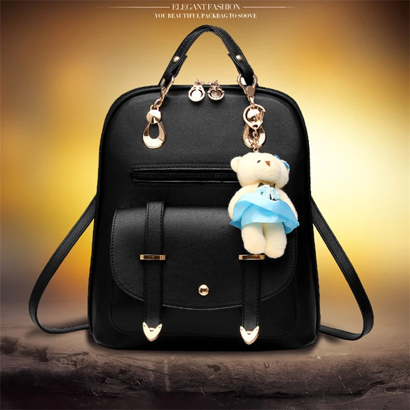 

Preppy Style Women Backpack Bear Toys PU Leather Schoolbags for Teenage Girls Female Rucksack Shoulder Bag Travel Knapsack