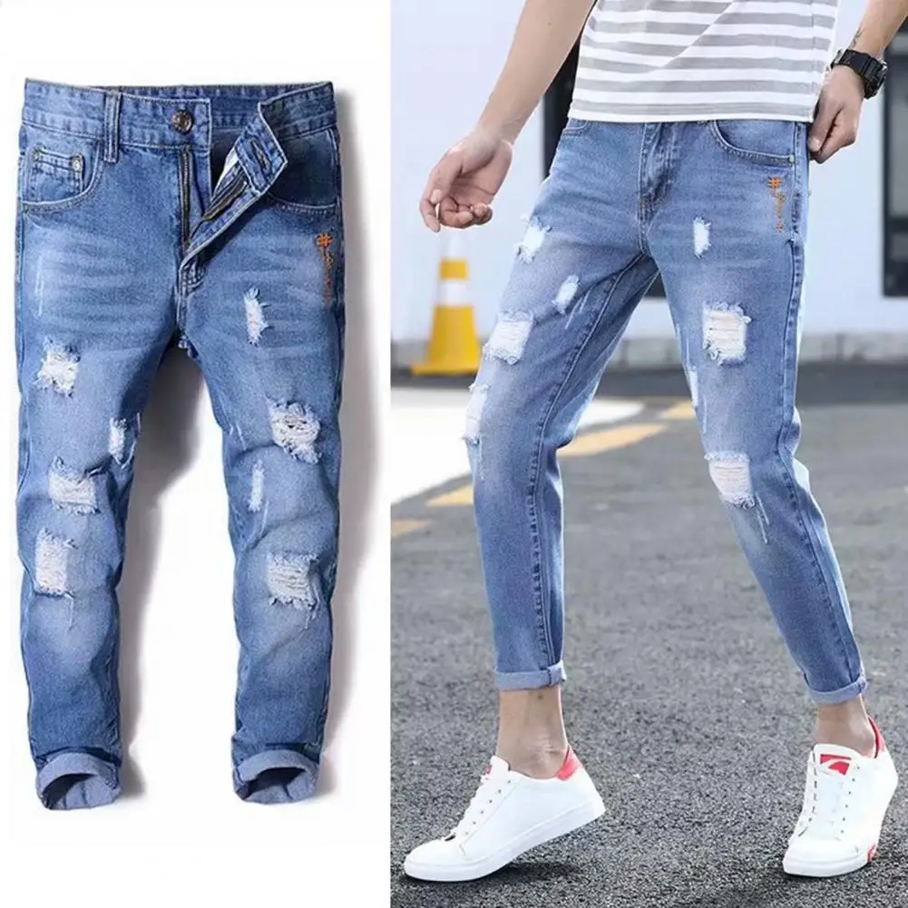 

Fashion Men Elastic Slim Fit Denim Pants Ankle-Length Slim Jeans Stylish Ripped Holes Male Pencil Jeans Streetwear