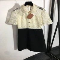 french vintage lace hollow turndown collar dress exquite and elegant decorated with pearl and metal fastener 2022 women summer