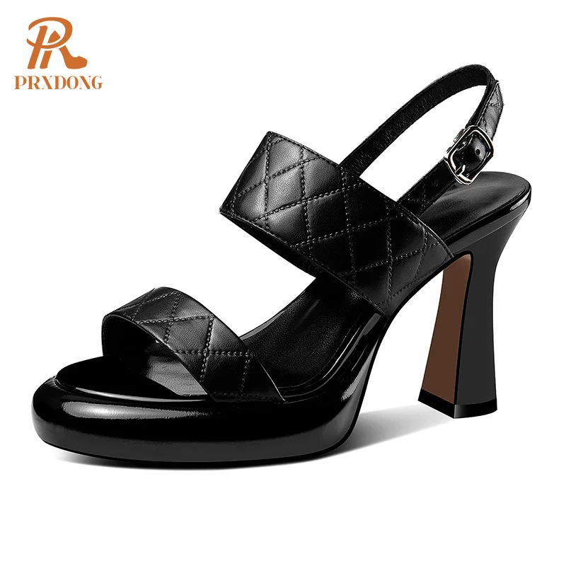 

PRXDONG Women's Shoes New Brand Genuine Leather Sexy High Heels Black White Summer Dress Party Female Gladiator Sandals Size 42