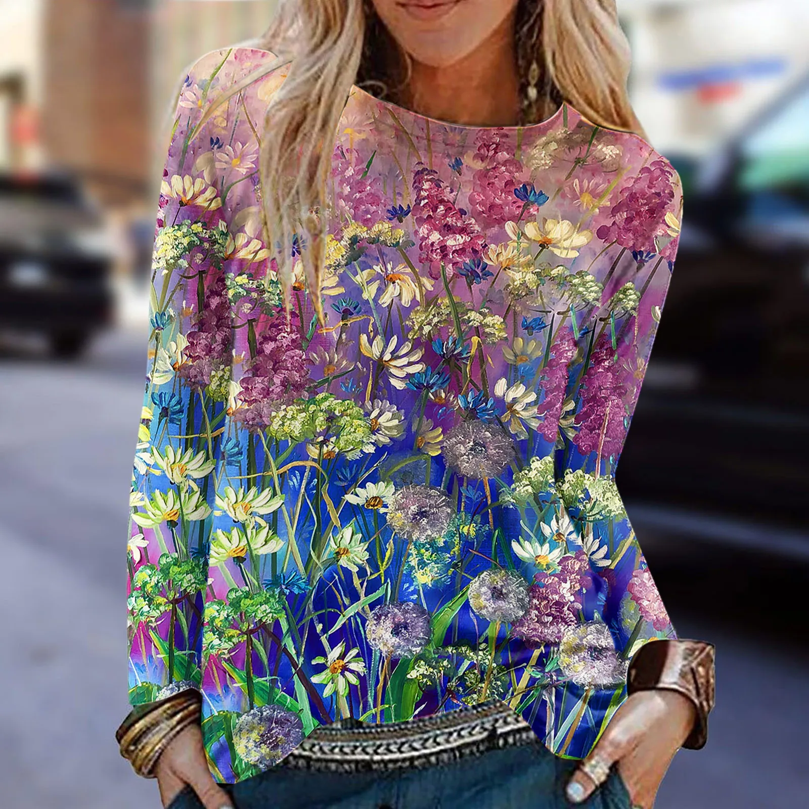 

Womens Long Sleeve Tops Casual Blouse Crew Neck Shirts Tunic Basic Floral Printed Tee Shirts Womens Long Sleeve Athletic Shirt