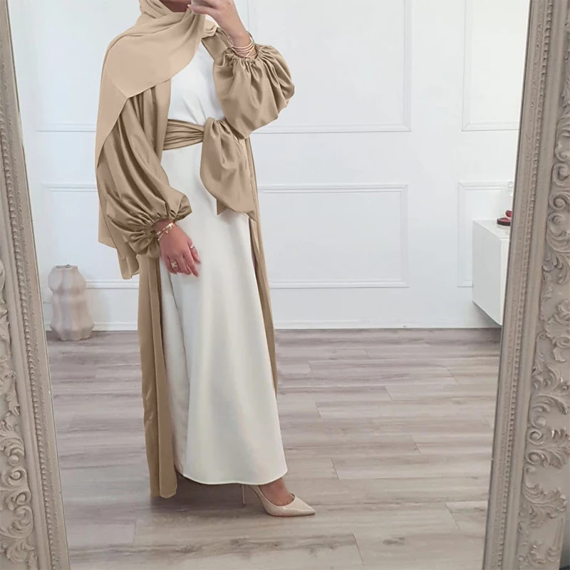 

2022 Ramadan Eid Fashion Kimono Muslim Dress Smooth Silky Elegant Pure Color Long Muslim Abayas Women Modest Wear Clothing Robe