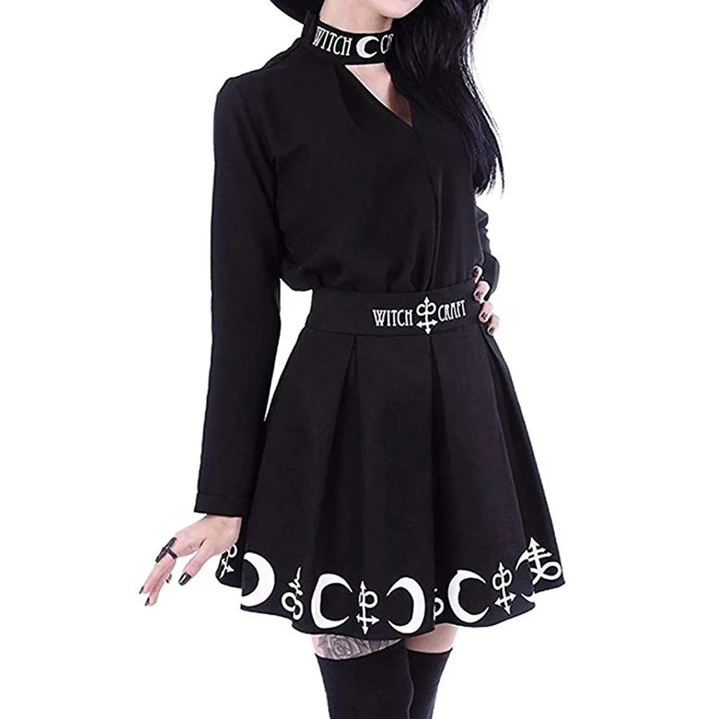

Gothic High Waist Mini Skirts Cool Girls Punk Witchcraft Moon Spell Symbols Print Pleated Skirt All-match Chic Short Dress