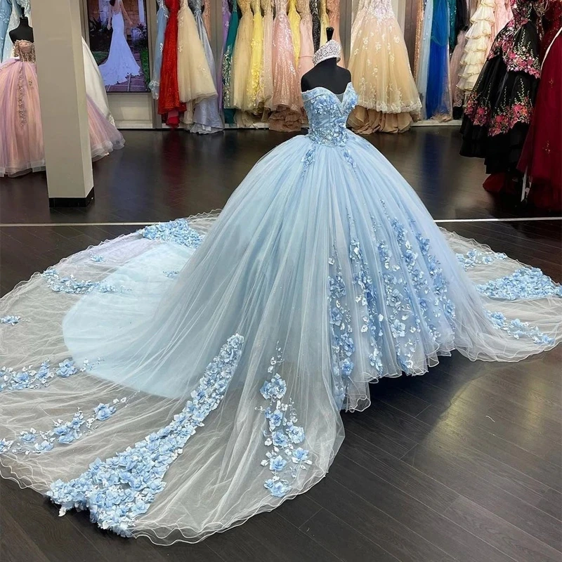 

ANGELSBRIDEP с открытыми плечами с 3D цветами, небесно-голубое милое платье 16 Quinceanera с накидкой, аппликациями, платья принцессы для дня рождения