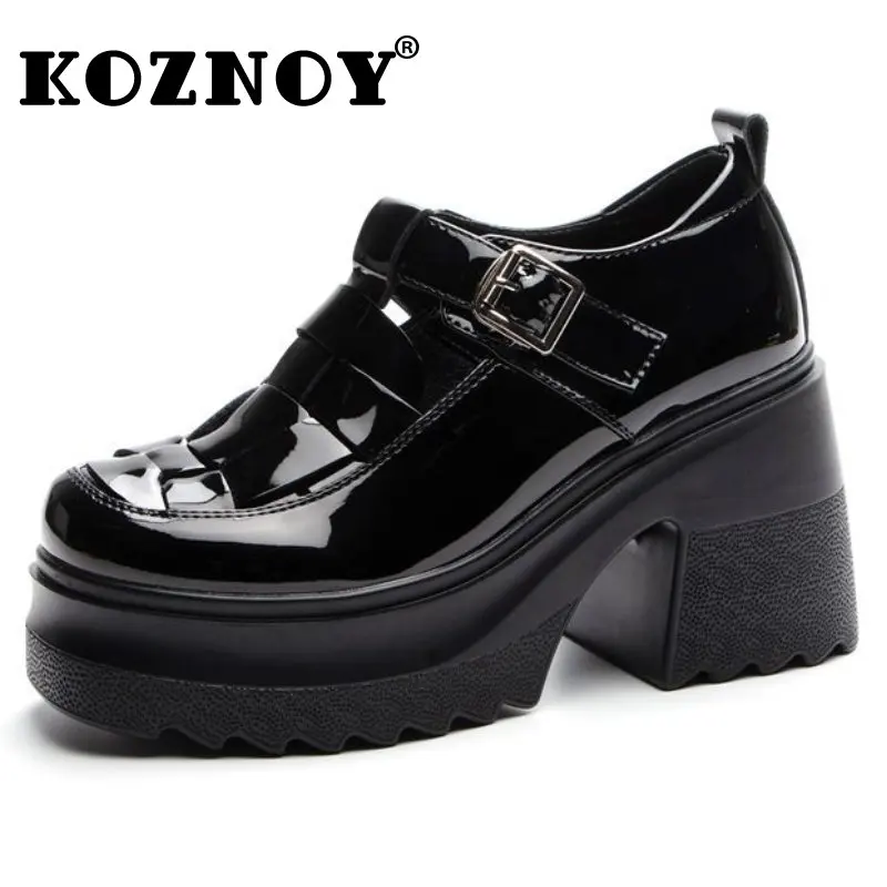 

Koznoy 10cm Patent Genuine Leather Platform Wedge ROME Sandals Summer Fashion Chunky Sneakers Comfy Ladies Women Buckle Shoes