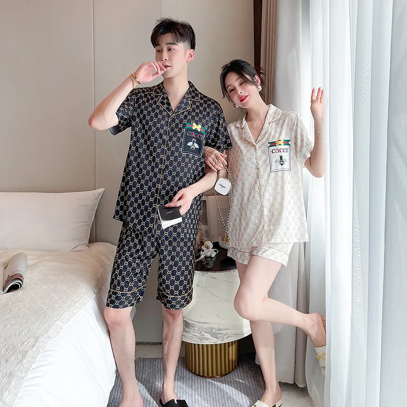 PICKBIRD 2022 New Ice Silk Couple Pajamas Men's Spring Summer Silk Thin Pajamas Ladies Sweet Homewear Set
